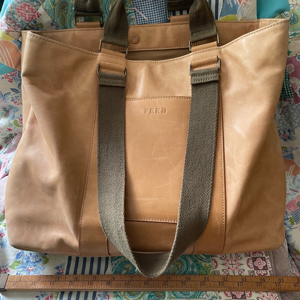 Rebecca Minkoff Tan Leather Laptop Tote with Olive Webbing Straps
